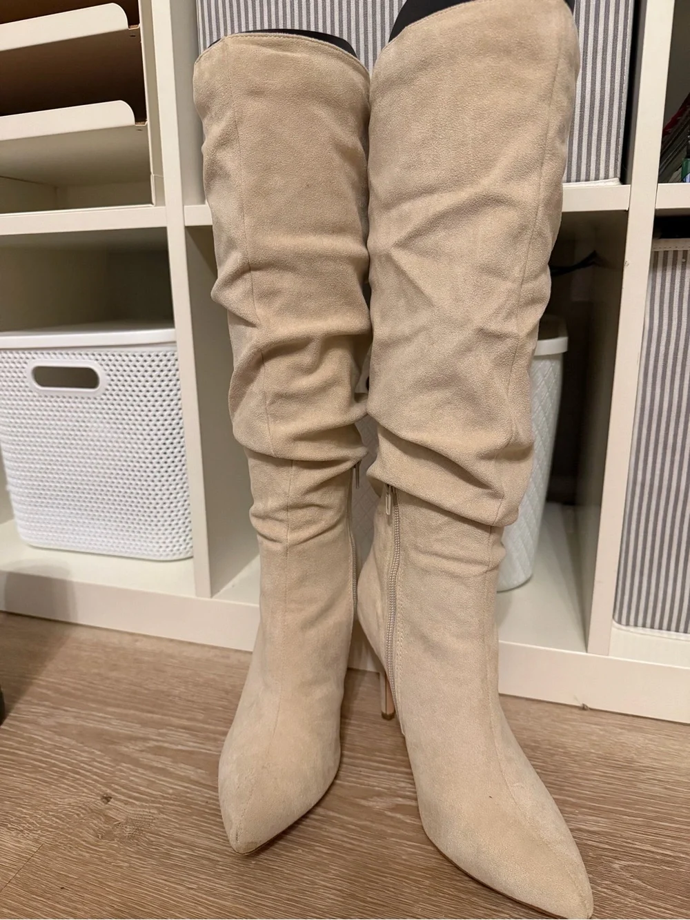Dream Pairs Beige Over-the-Knee Slouch Pointed-Toe Boots